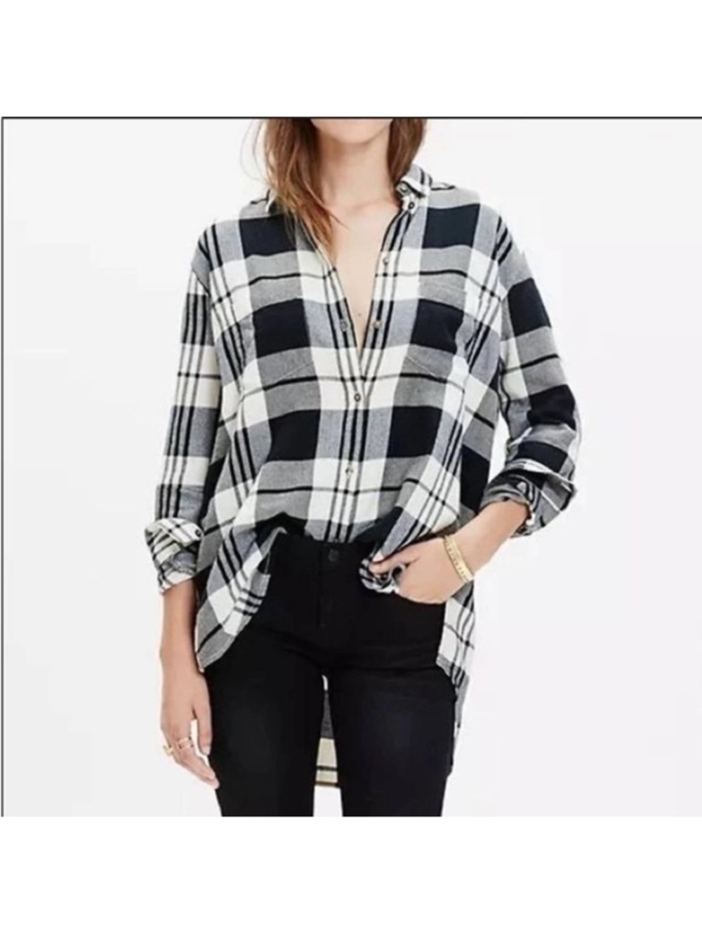 Madewell Black & White Buffalo Check Plaid Button-Down Flannel Shirt